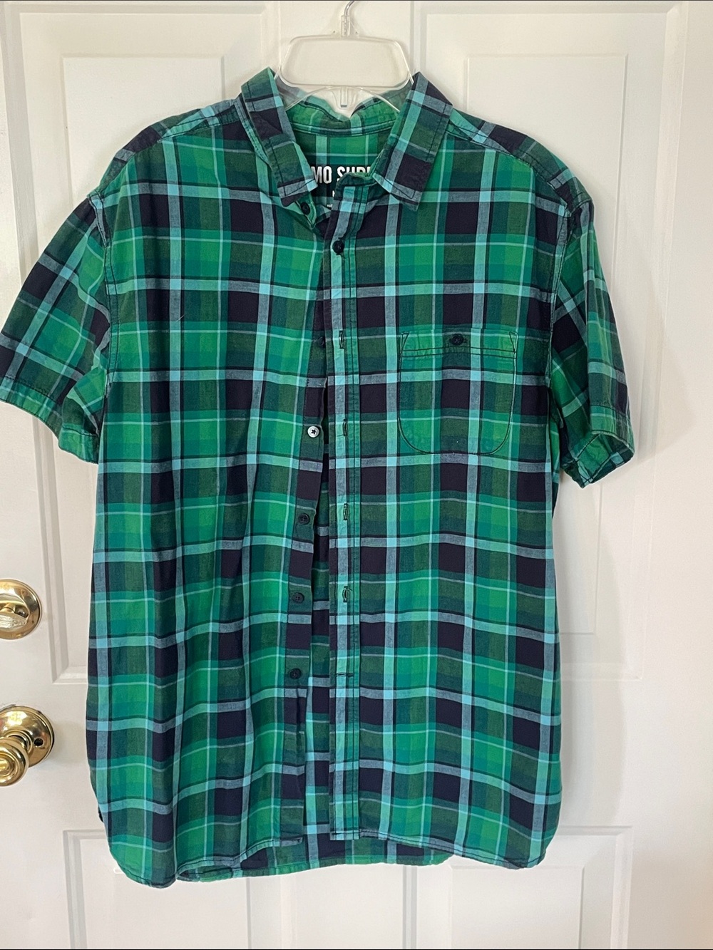 Mossimo Supply Co. Green and Navy Plaid Short-Sleeve Button-Down Shirt